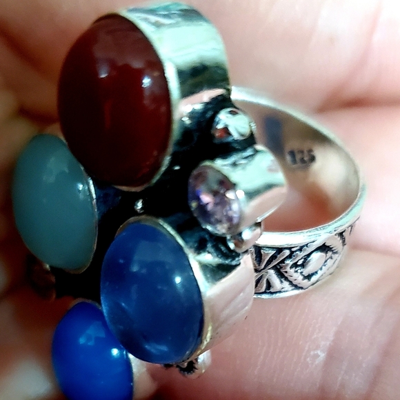 New Oversized Chalcedony, Iolite, Carnelian, Amethyst 925 Silver Ring. - Picture 4 of 12